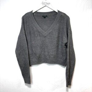 Gray Cropped Knit Sweater Long Sleeve V Neck Casual Pullover Wild Fable 90s S